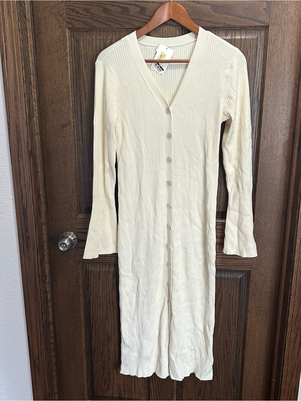 a new day Cream Ribbed Button-Front Long Sleeve Midi Dress